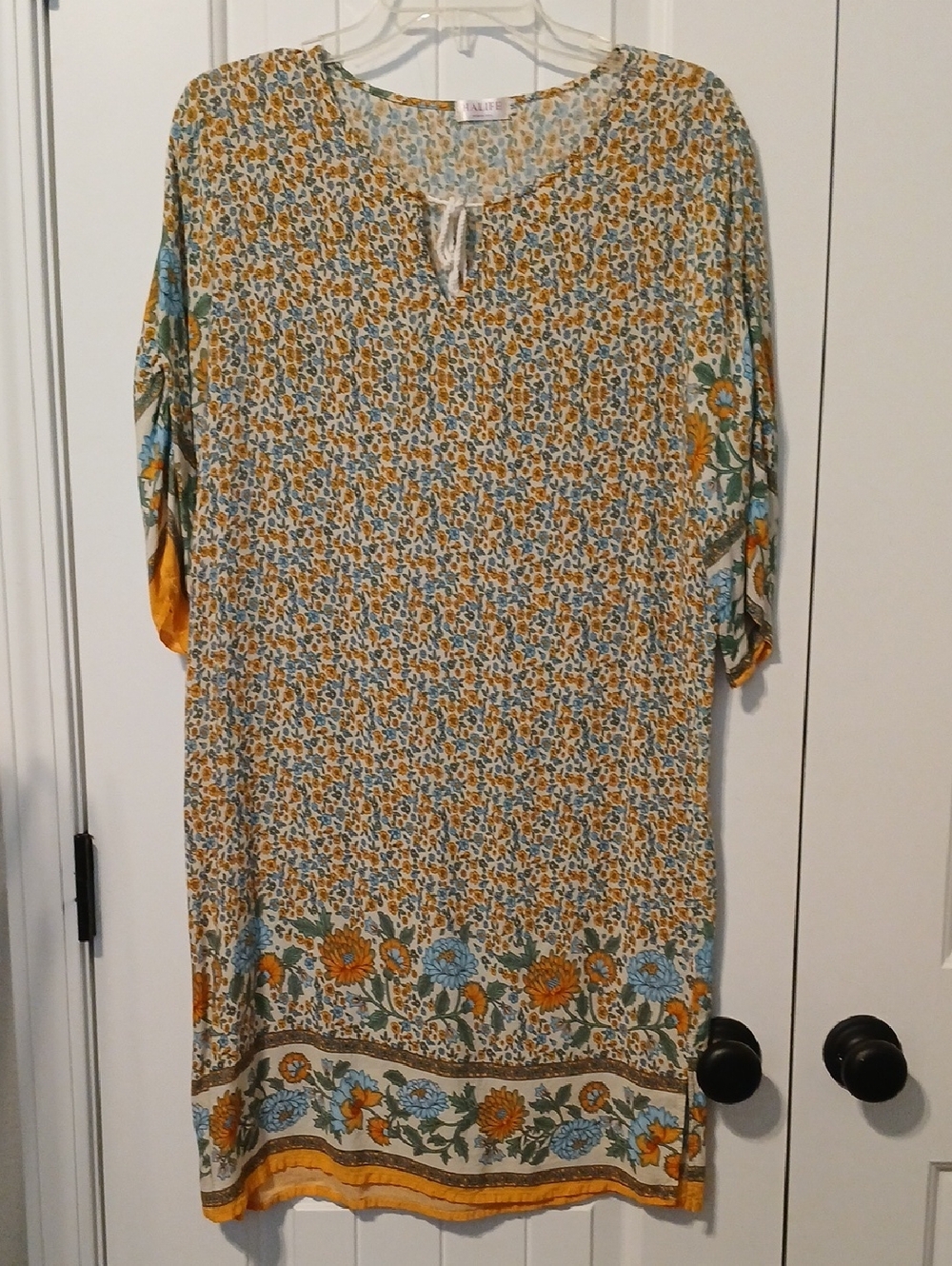 Floral Border Print Tunic Dress in Yellow and Blue